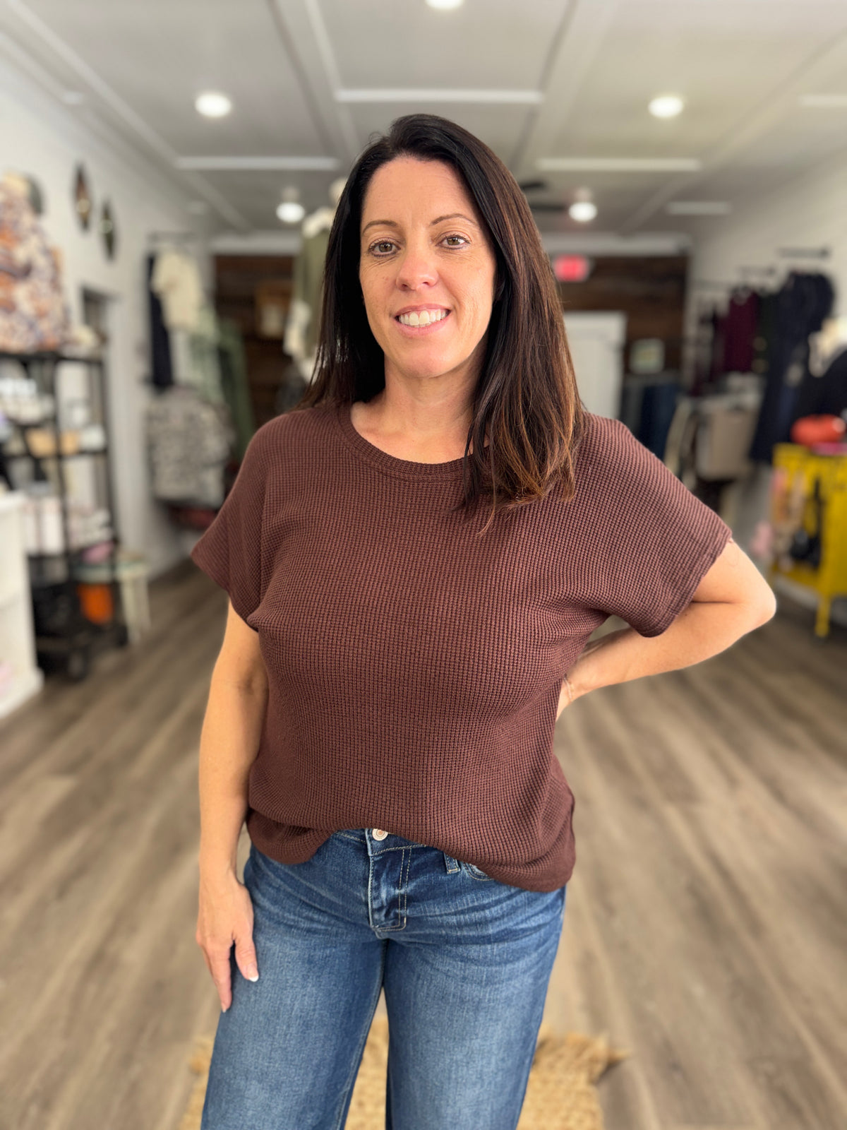 Everyday Knit Drop Sleeve Top-Brown