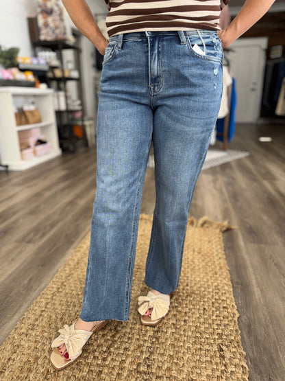 High Rise Medium Wash Raw Hem Ankle Straight