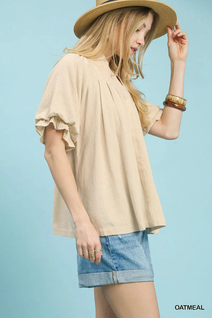 Leslie Linen V-Neck Flutter Sleeve Top-Oatmeal