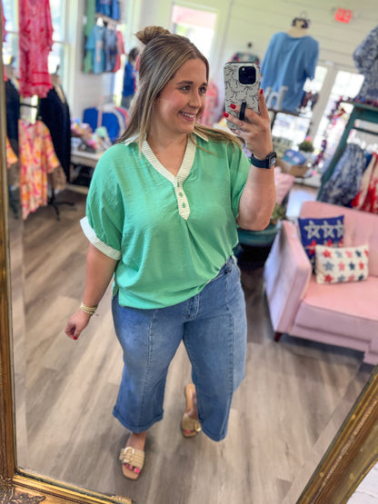 Tonya Oversized Contrast Stripe Trim Top-Sage