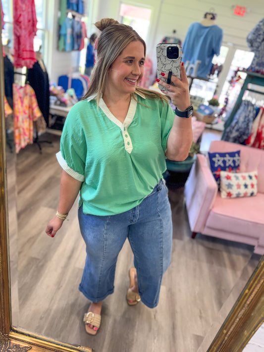 Tonya Oversized Contrast Stripe Trim Top-Sage