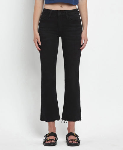 Mid Rise Raw Distressed Hem Crop Flare Jeans