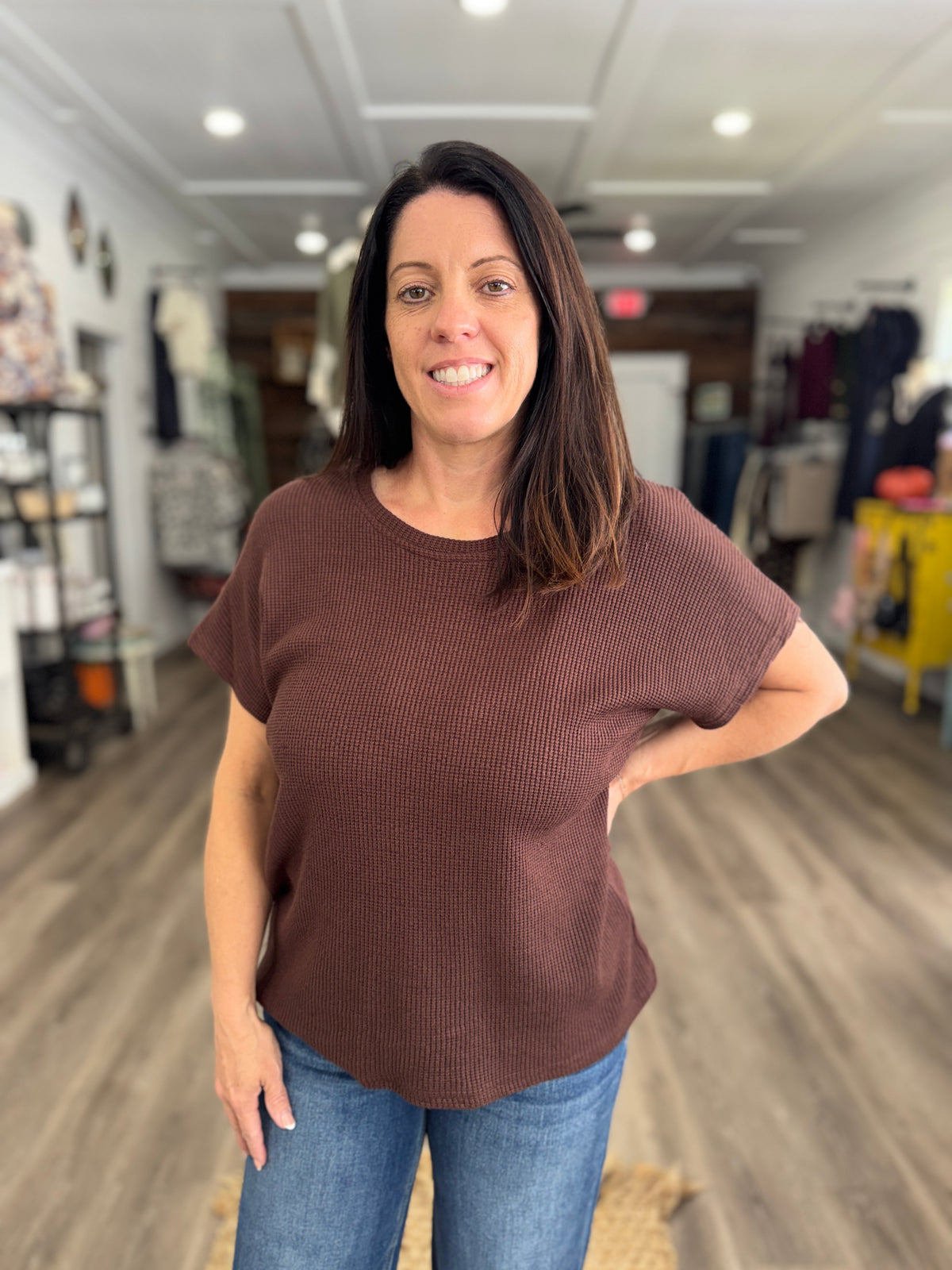Everyday Knit Drop Sleeve Top-Brown