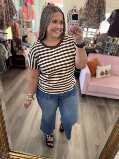 Brianna Easy Stripe Knit Top- Brown