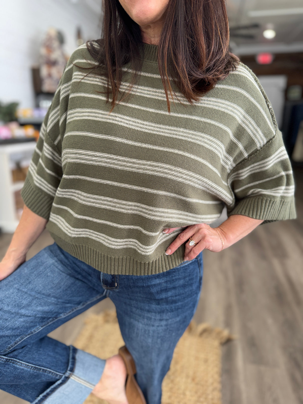 Harper Stripe Half Sleeve Sweater- Olive