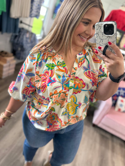 Sandra Paisley Print V-Neck Top-Cream Mix
