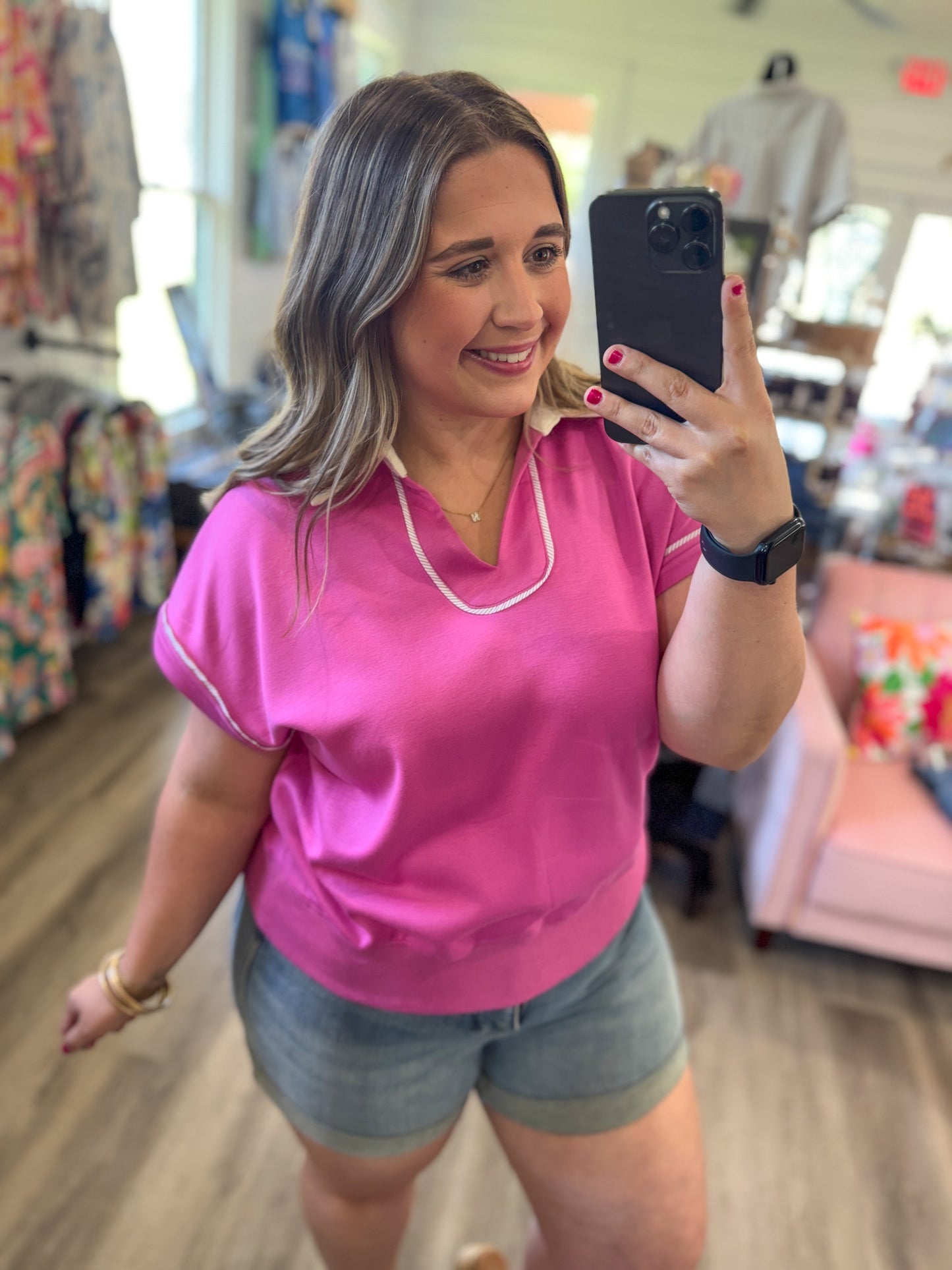 Christian Contrast Collar Soft Knit Polo Top- Peony