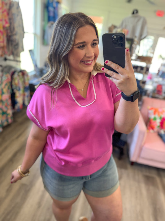 Christian Contrast Collar Soft Knit Polo Top- Peony