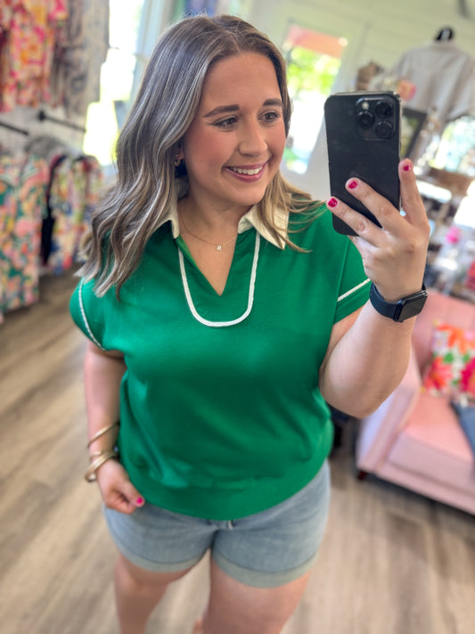 Christian Contrast Collar Soft Knit Polo Top- Green