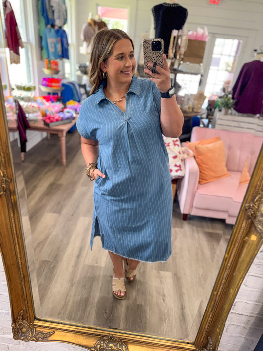 Darling Pinstripe Denim Collared Midi Dress