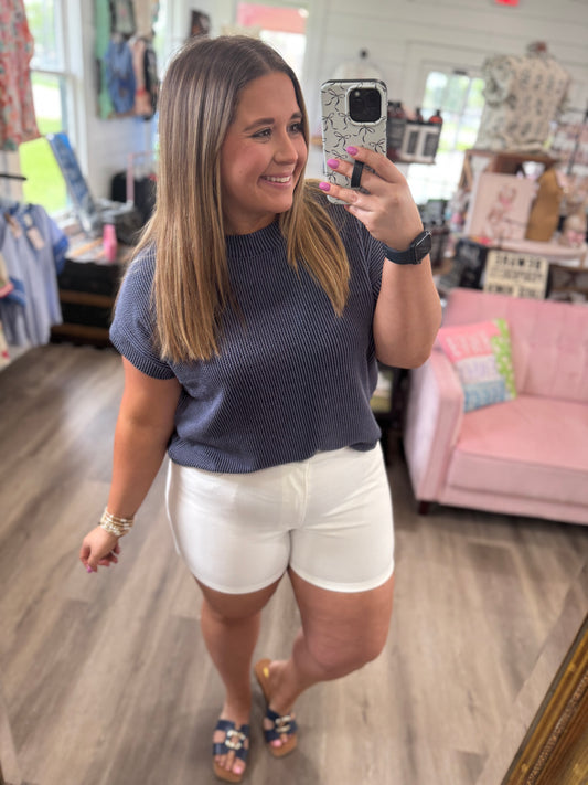 Kellee Rib Cap Sleeve Top- Navy