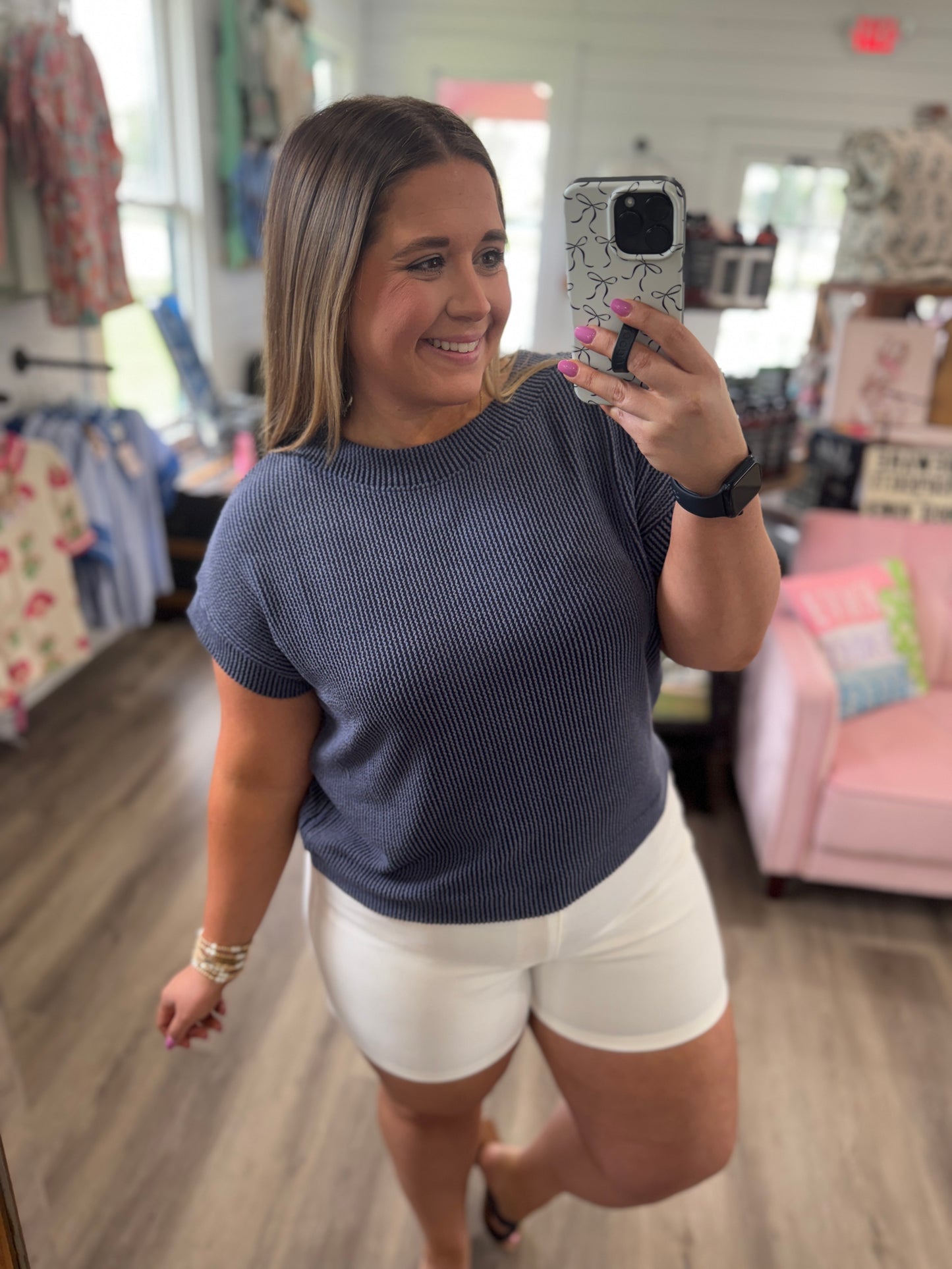 Kellee Rib Cap Sleeve Top- Navy