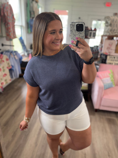 Kellee Rib Cap Sleeve Top- Navy