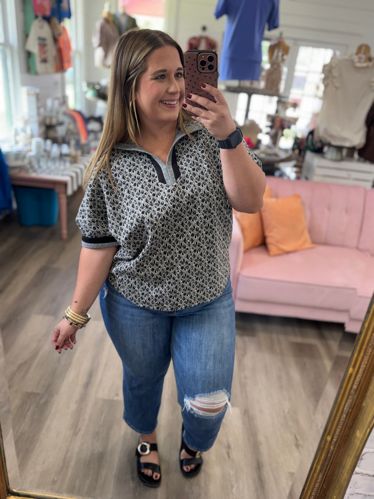 (S-2XL) Grace Geometric Split Neck Blouse