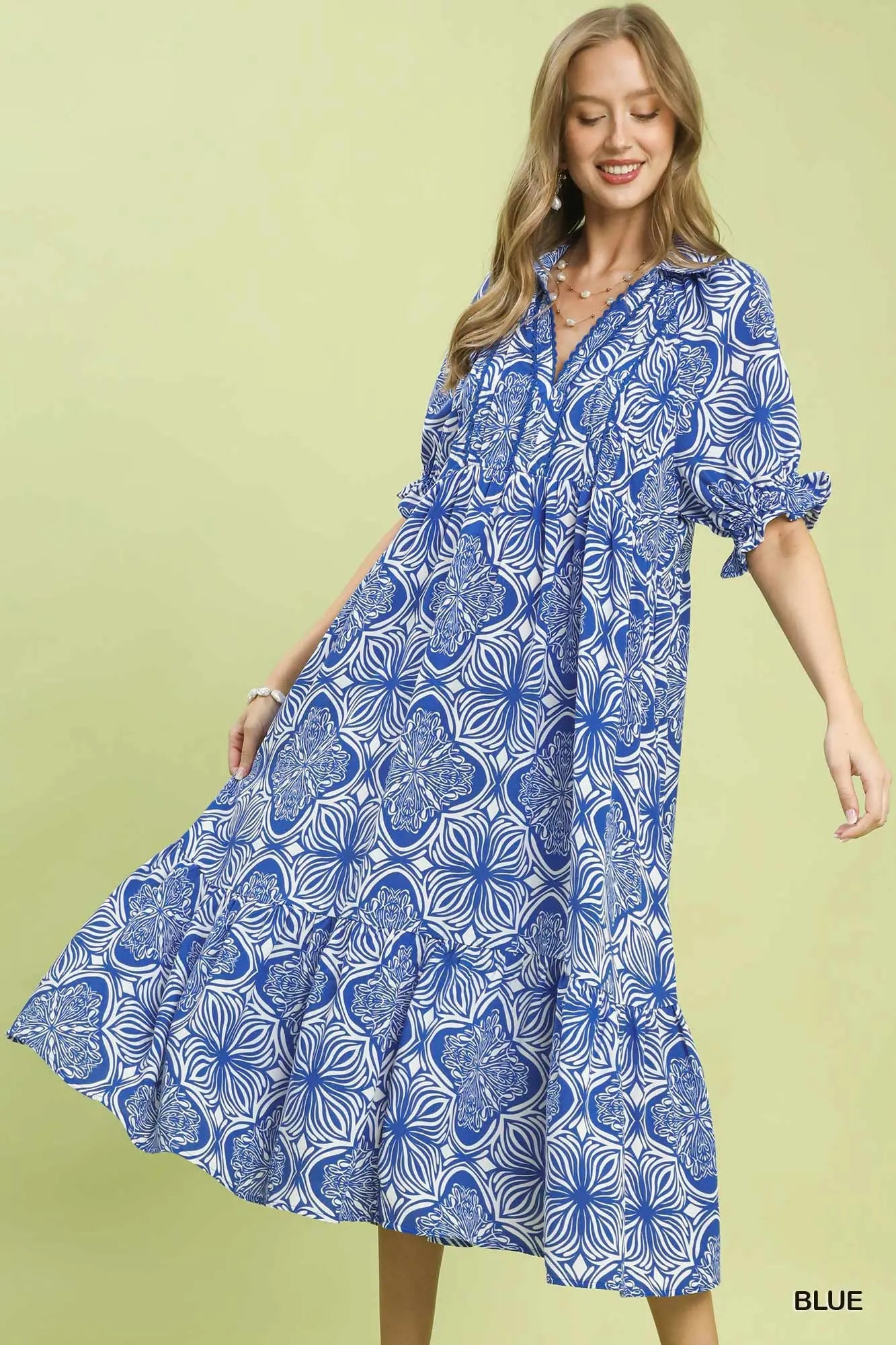 Em Abstract Print Collared Tiered Midi Dress