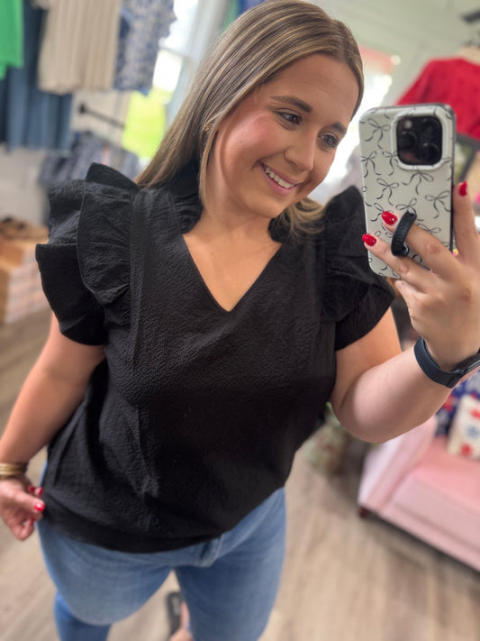 Liz Textured Ruffle Sleeve V-Neck Blouse