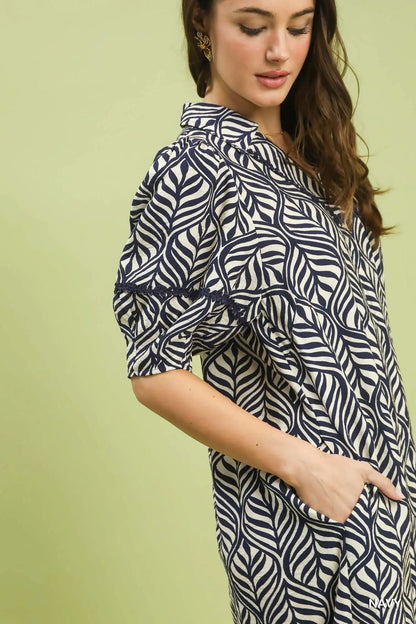 Lacey Printed Puff Sleeve Midi Dress with Pockets