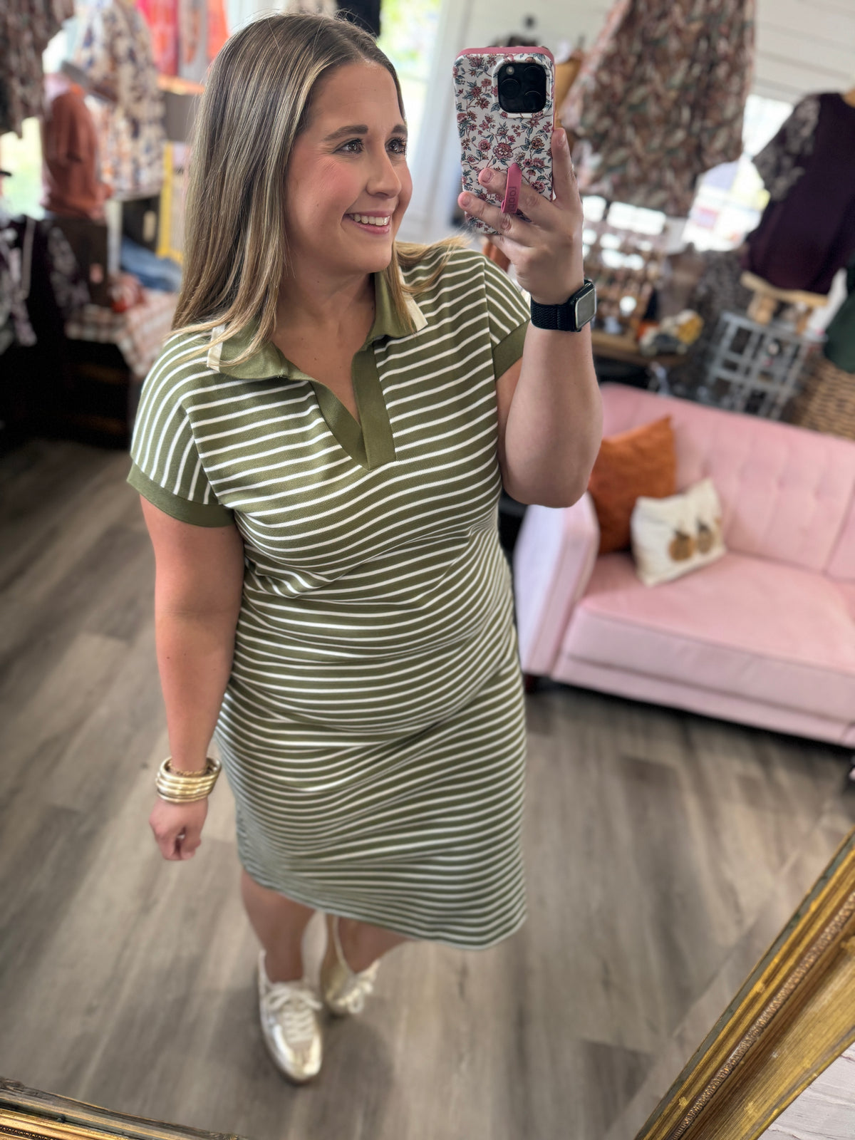 Striped Collared Pocket Midi Dress-Green