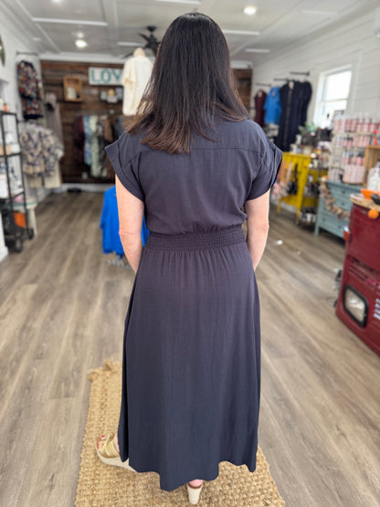 Rebecca Zip-Up Collared Pocket Midi Dress-Charcoal Navy