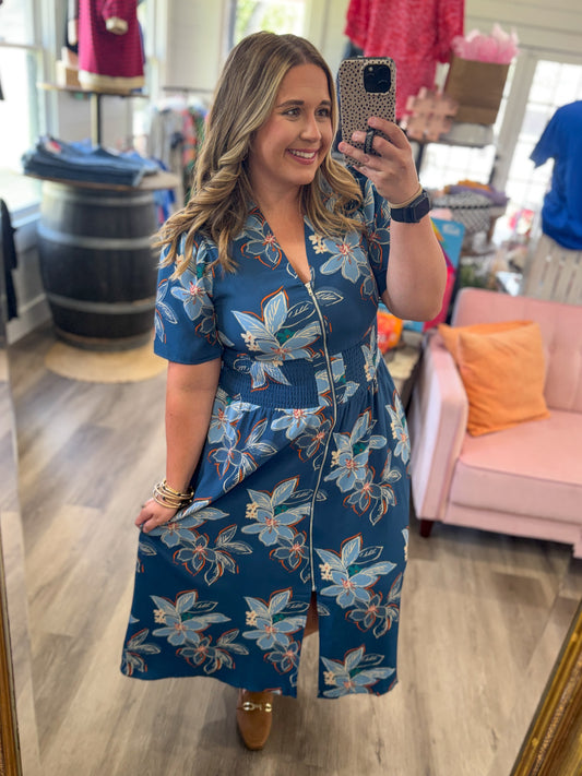 Betty Smocked Waist Front Zip Print Midi
