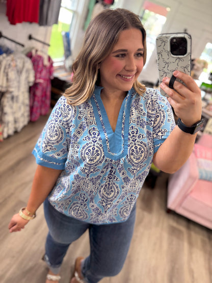 Amber Abstract Print V-Neck Top