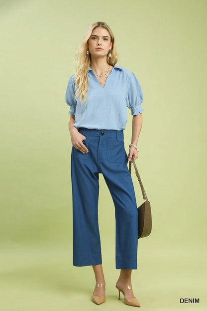 Tina Denim Wide Leg Crop Pants with Front Pockets