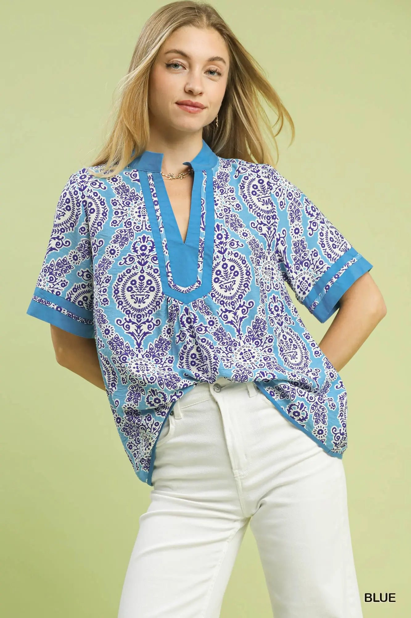 Amber Abstract Print V-Neck Top