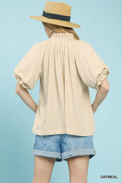 Leslie Linen V-Neck Flutter Sleeve Top-Oatmeal