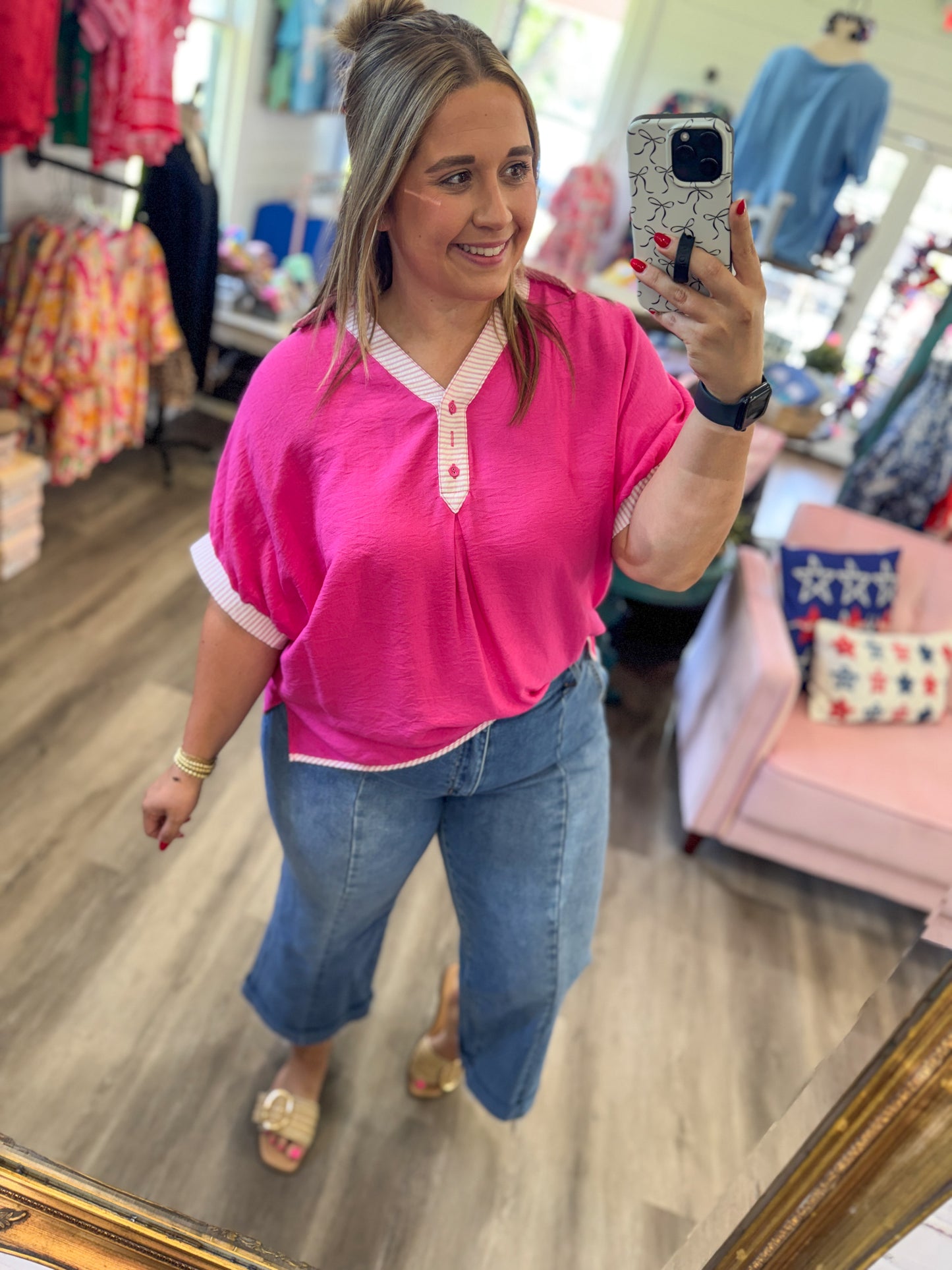 Tonya Oversized Contrast Stripe Trim Top-Pink