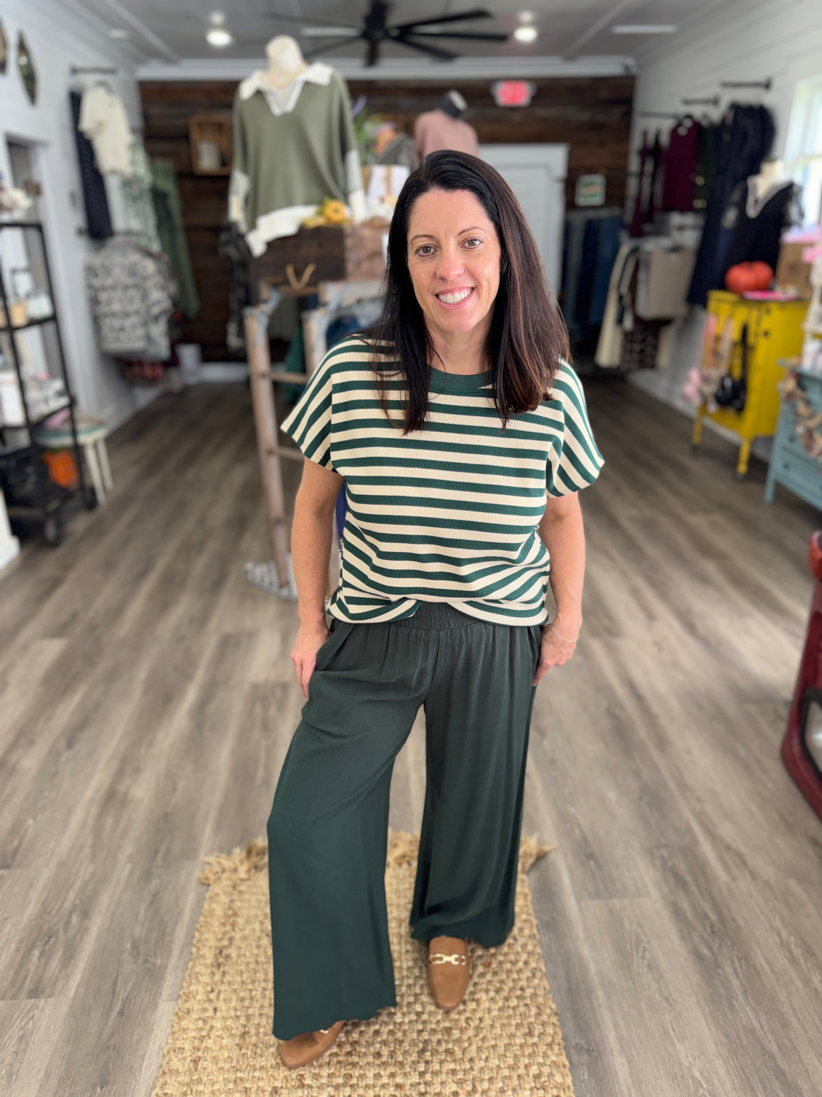 Alyssa Linen Scallop Hem Wide Leg Pants- Palm Green