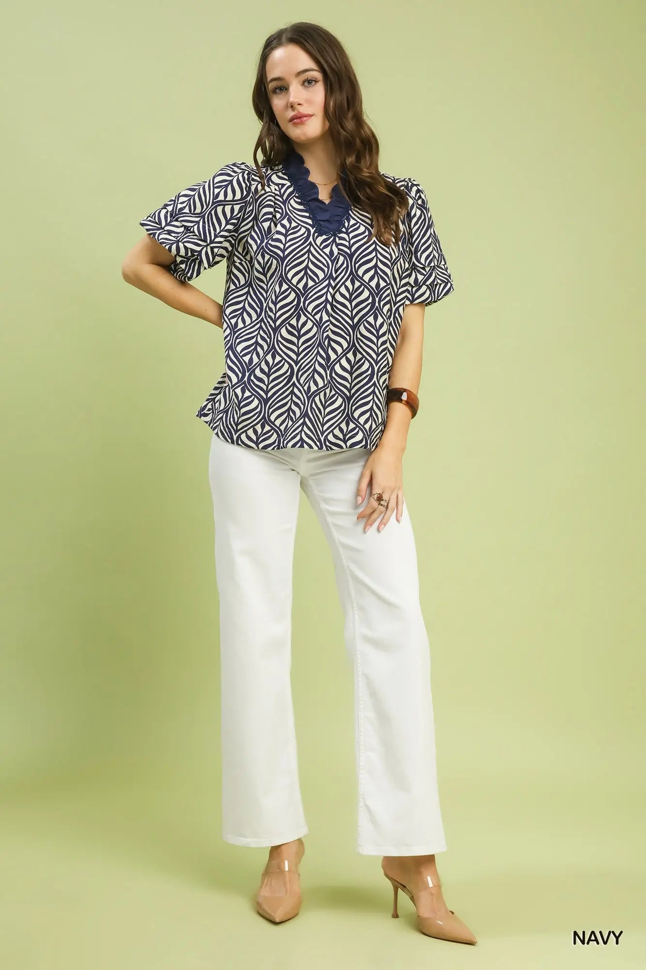 Cheryl Printed Puff Sleeve Ruffle Neck Top