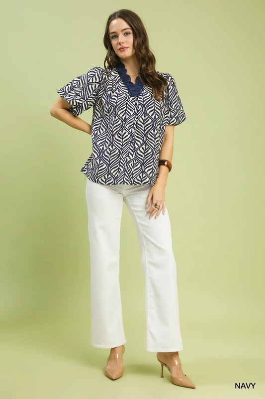 Cheryl Printed Puff Sleeve Ruffle Neck Top