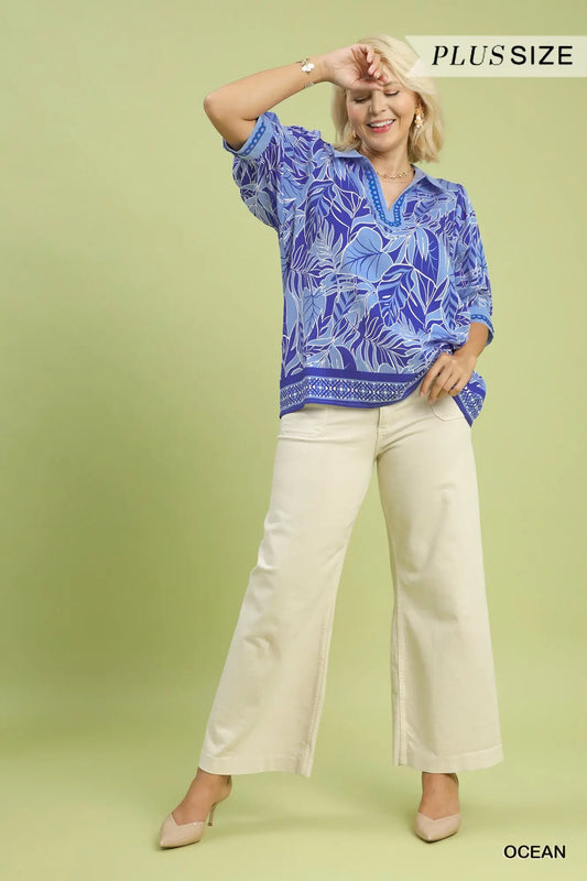 Liz Tropical Print Puff Sleeve Blouse-Ocean