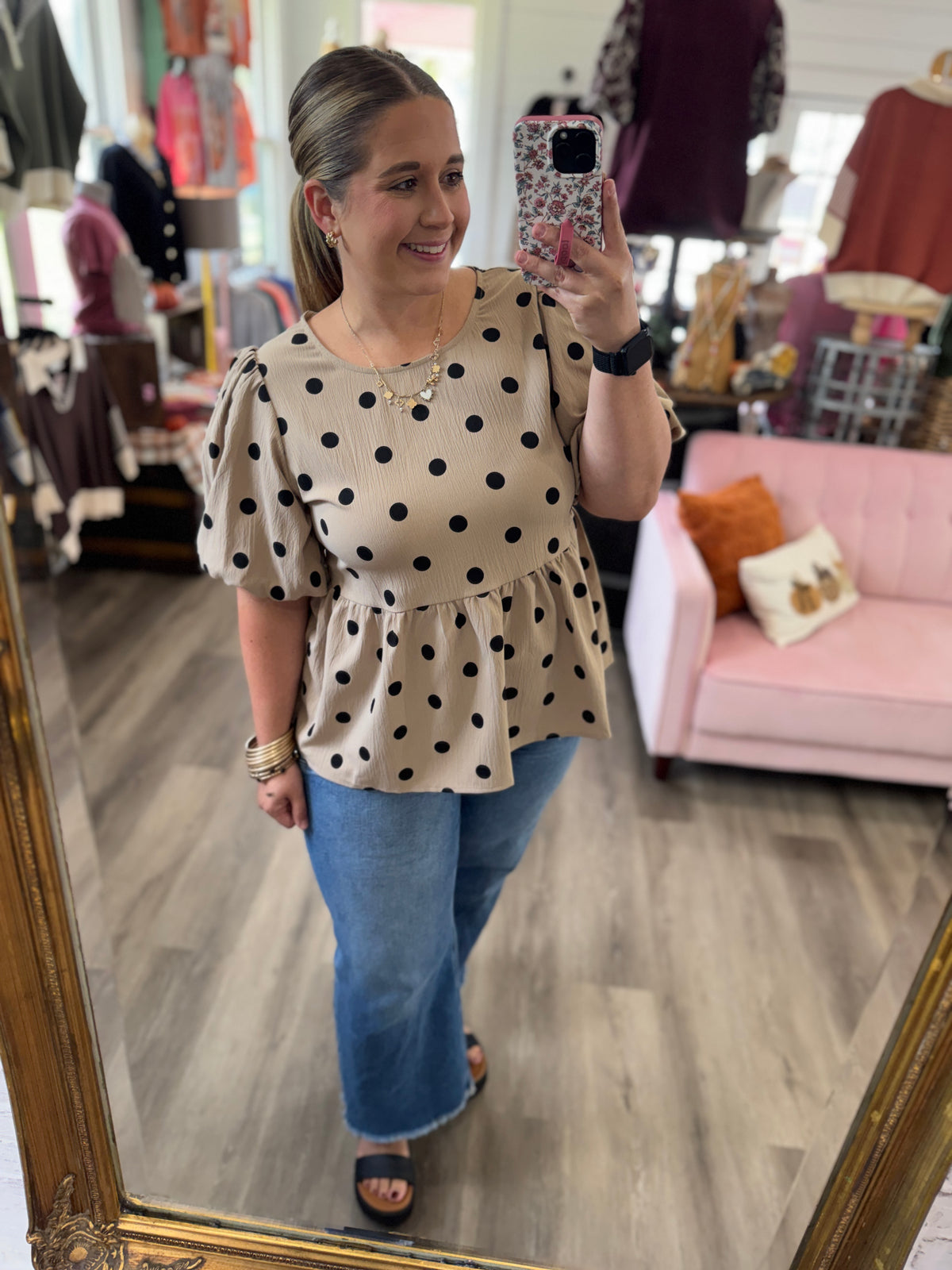 Kendall Polka Dot Puff Sleeve Top-Taupe