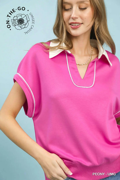 Christian Contrast Collar Soft Knit Polo Top- Peony