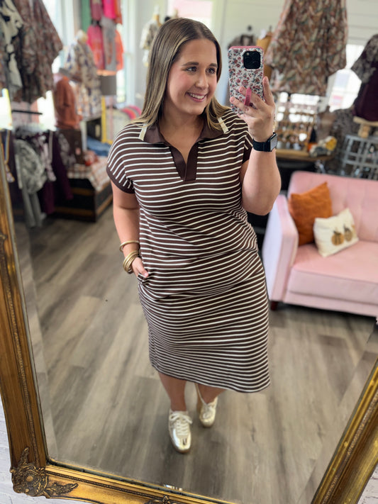 Striped Collared Pocket Midi Dress-Brown