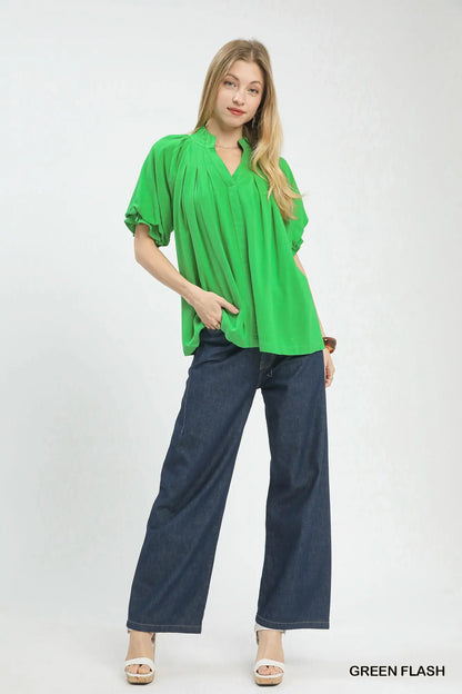 Leslie Linen V-Neck Flutter Sleeve Top- Green