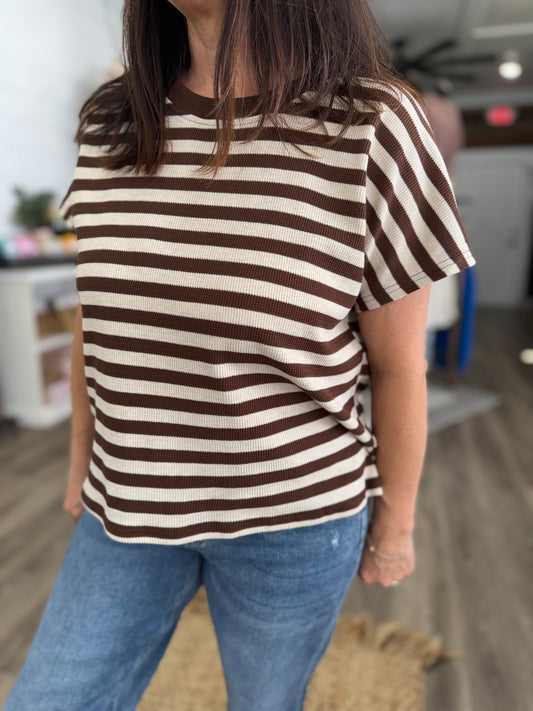 Brianna Easy Stripe Knit Top- Brown
