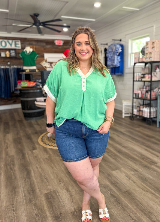 Tonya Oversized Contrast Stripe Trim Top-Sage