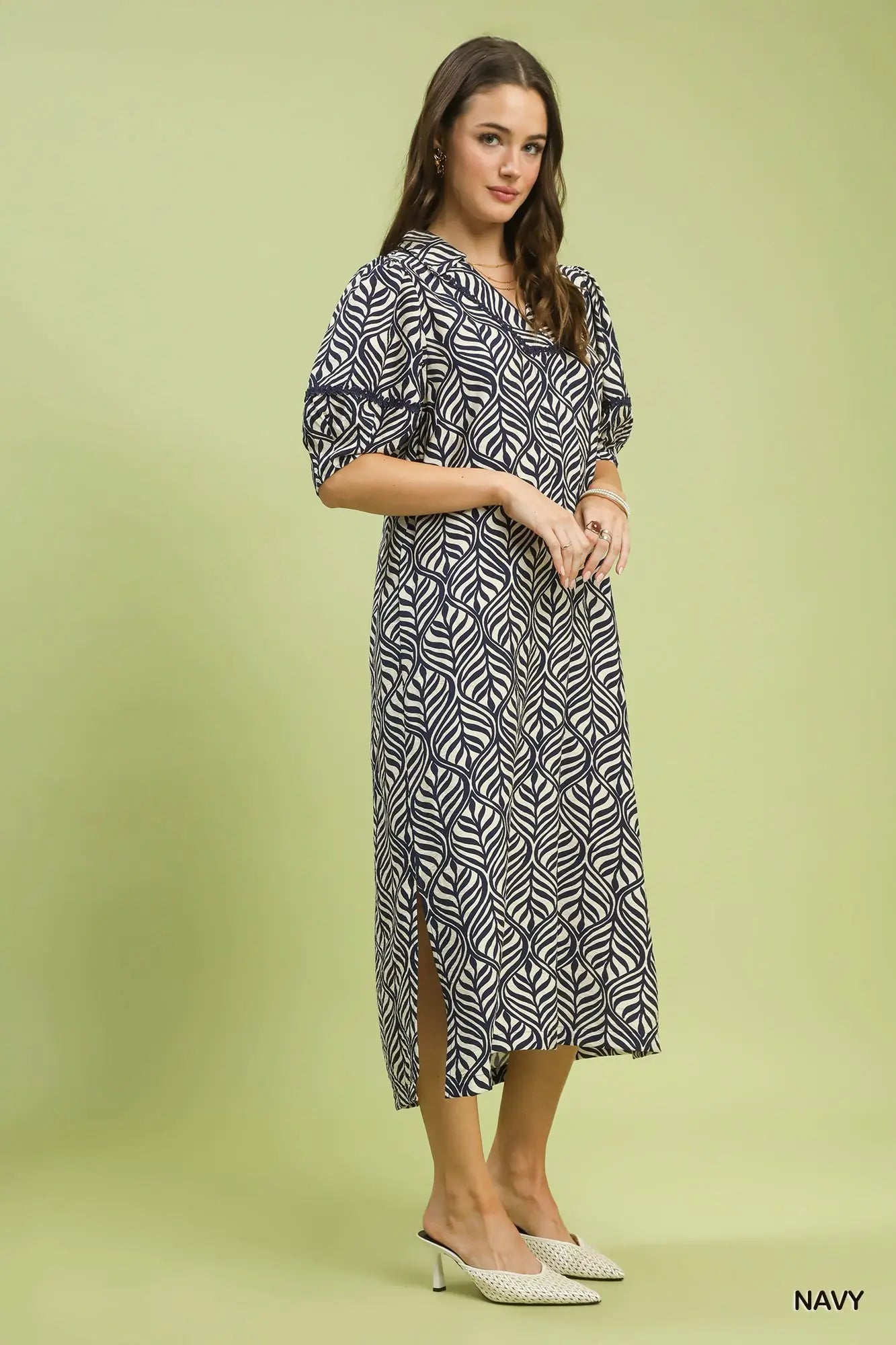 Lacey Printed Puff Sleeve Midi Dress with Pockets