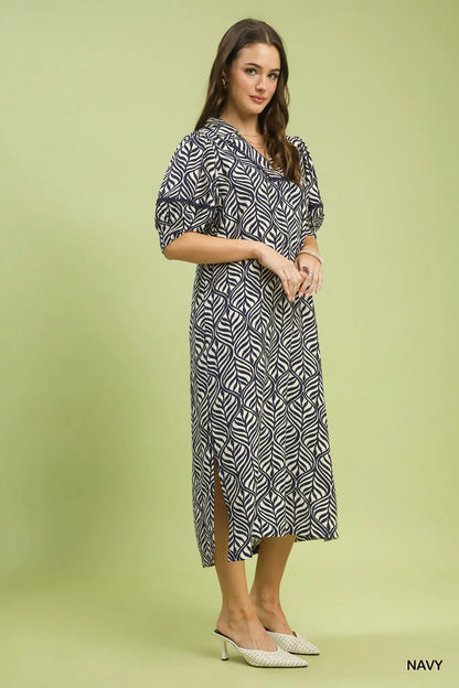 Lacey Printed Puff Sleeve Midi Dress with Pockets