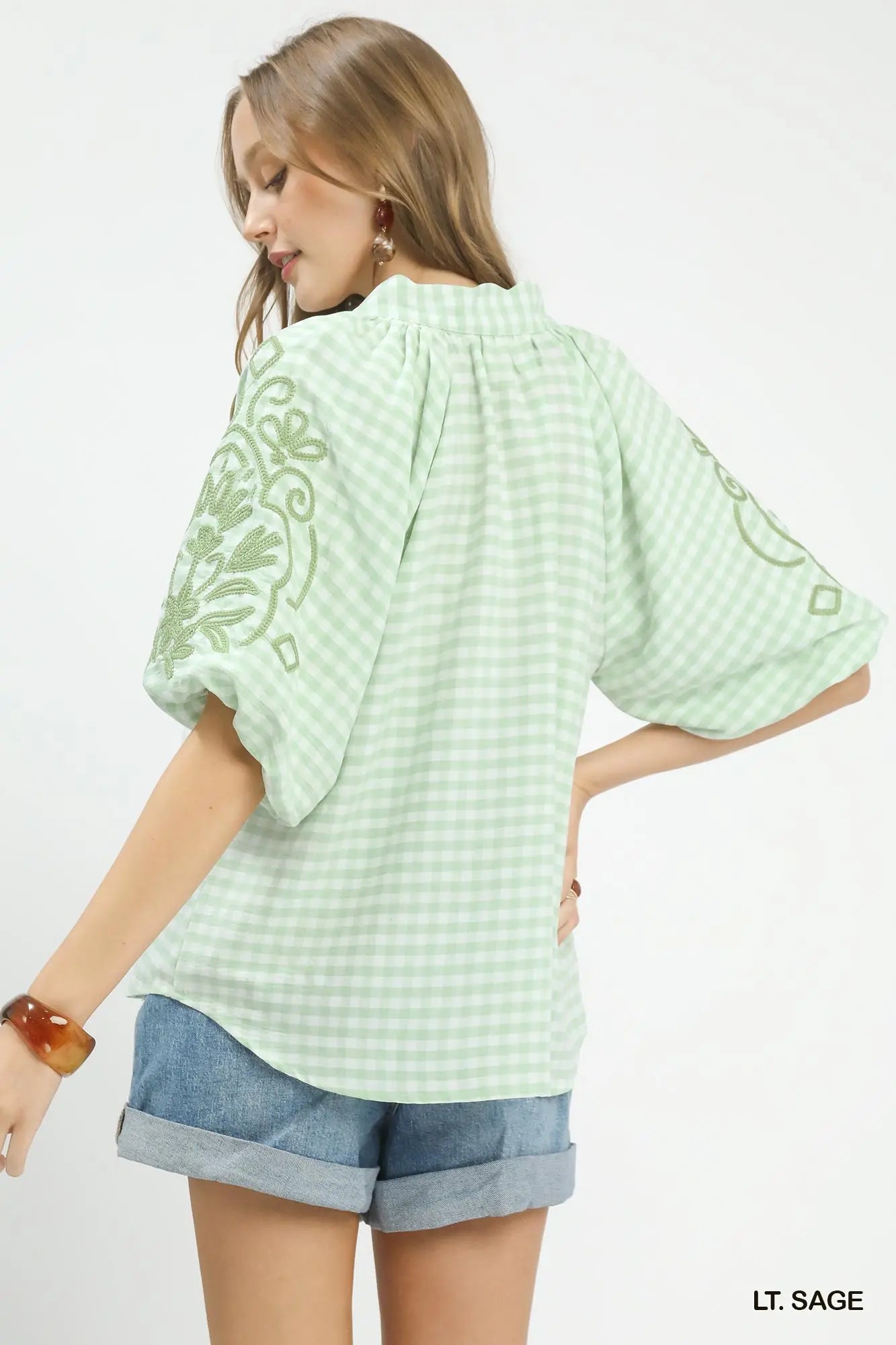 Monica Gingham Embroidered Balloon Sleeve Top