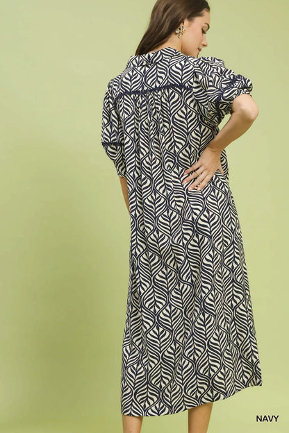 Lacey Printed Puff Sleeve Midi Dress with Pockets