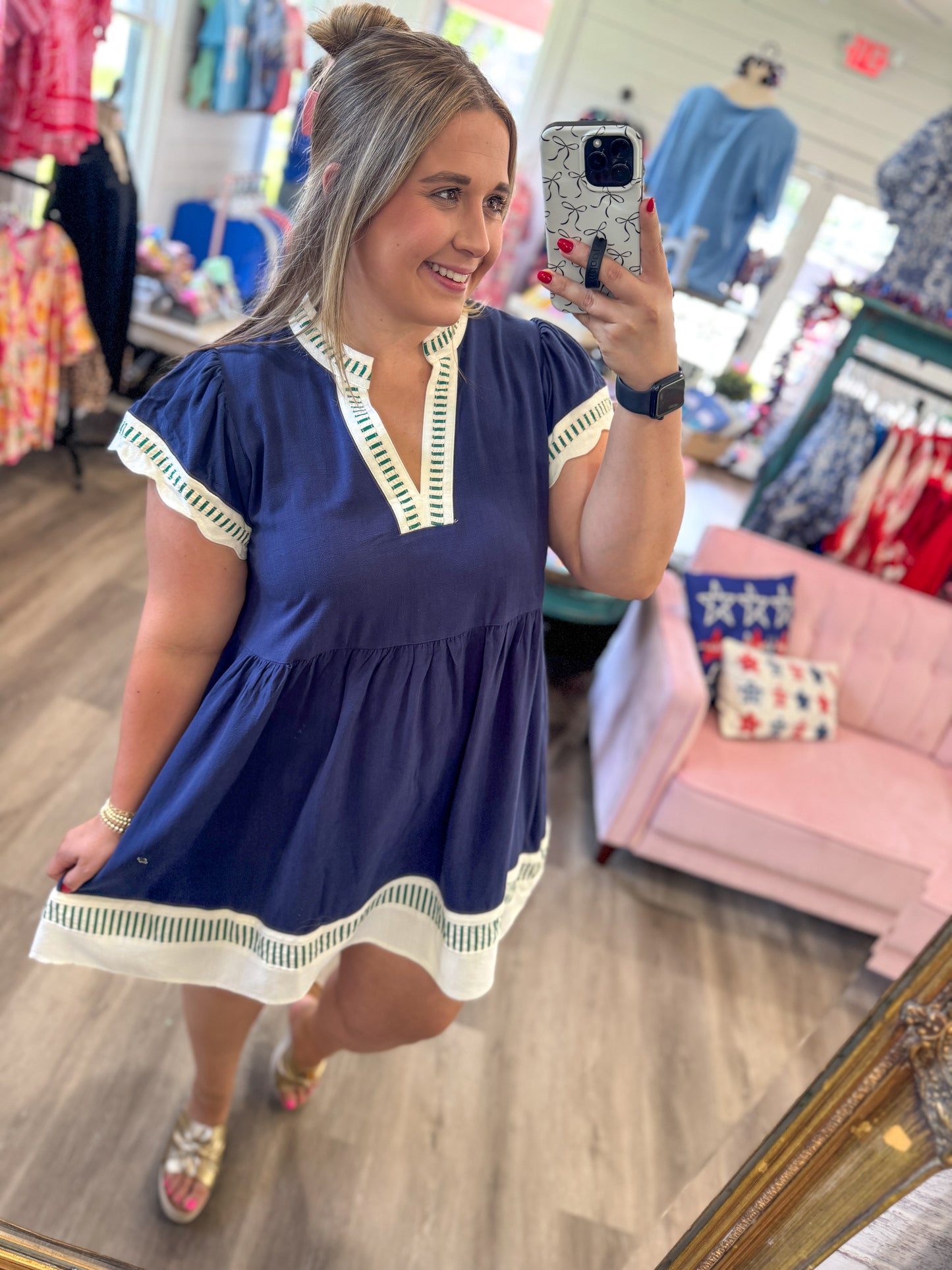 Kelsie Linen Color Block Flutter Sleeve Dress