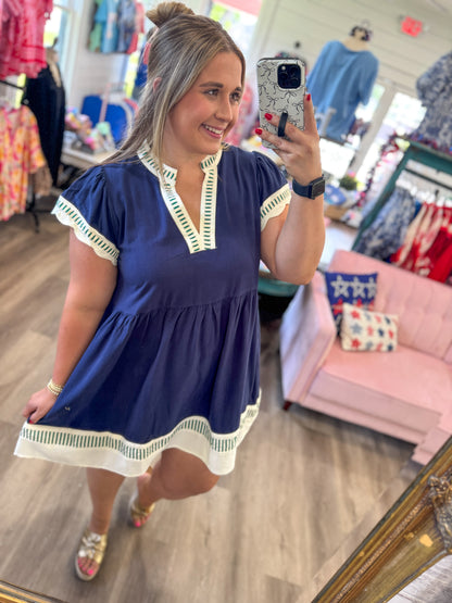 Kelsie Linen Color Block Flutter Sleeve Dress