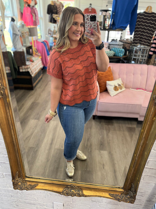 Bree Scallop Stripe Sweater-Rust
