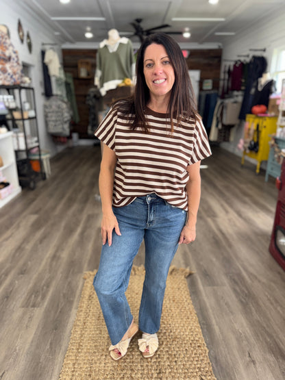 Brianna Easy Stripe Knit Top- Brown