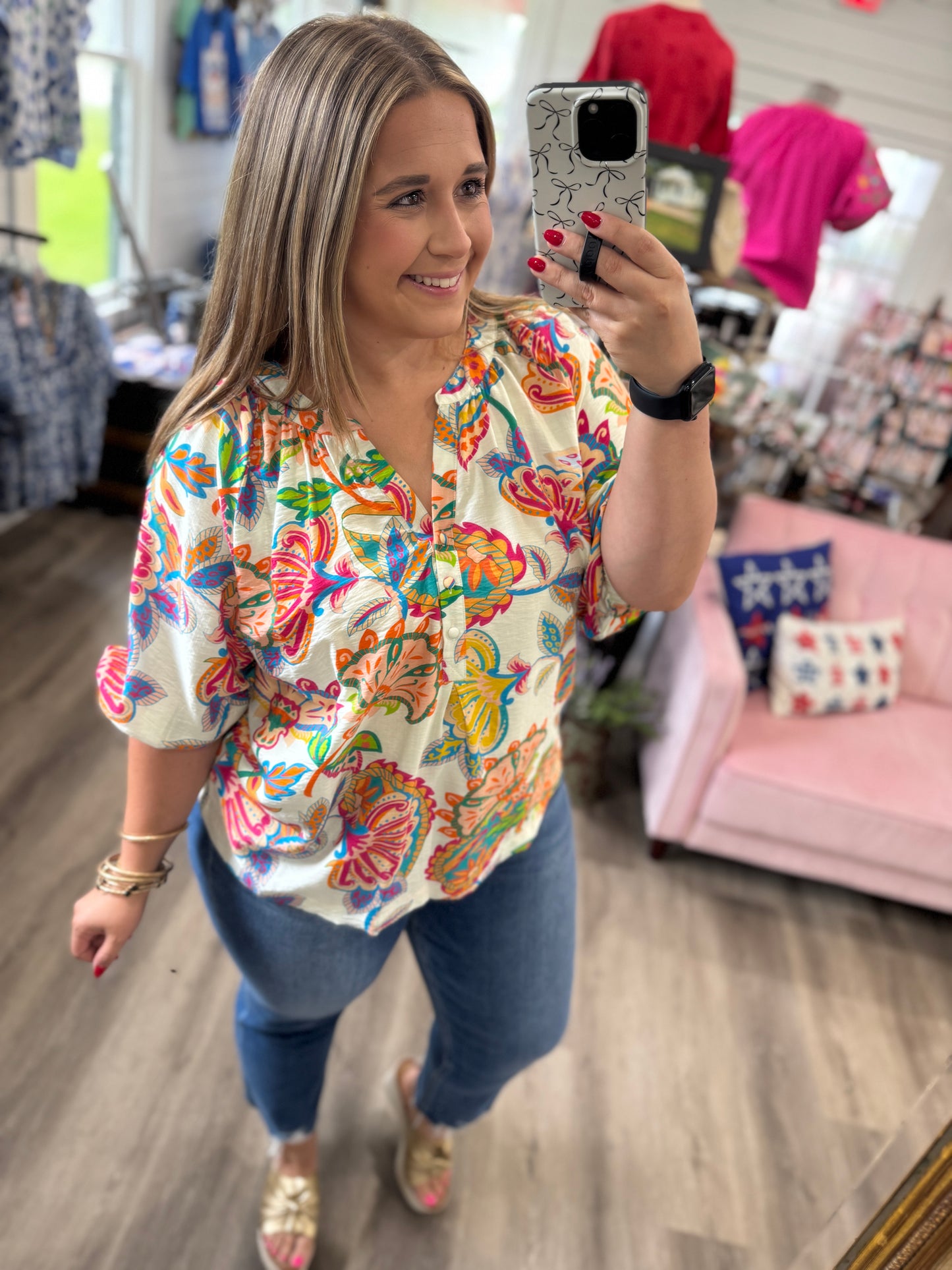 Sandra Paisley Print V-Neck Top-Cream Mix