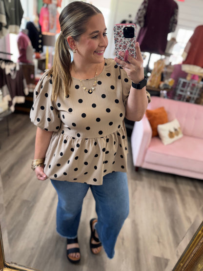 Kendall Polka Dot Puff Sleeve Top-Taupe