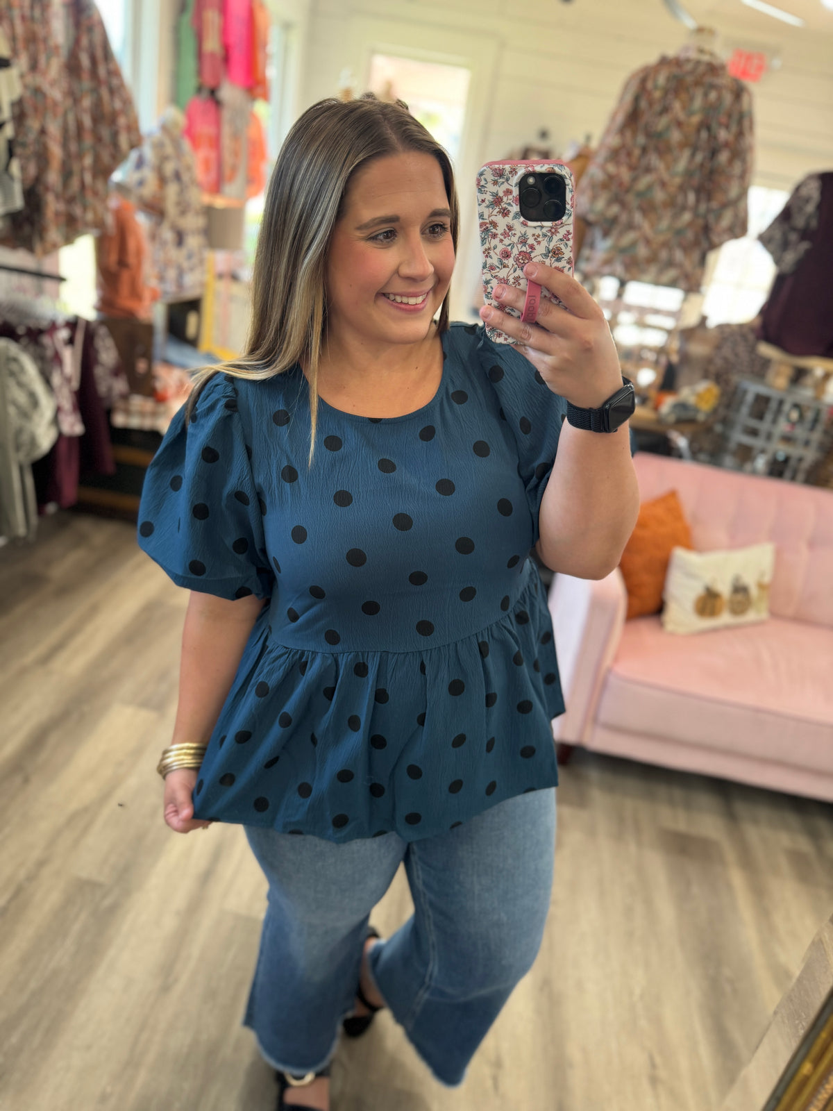 Kendall Polka Dot Puff Sleeve Top-Teal
